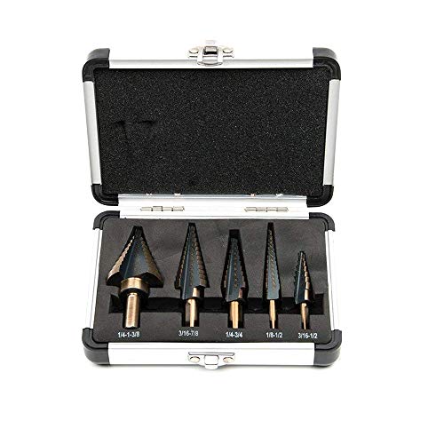 Fortag 5 tlg HSS-Stufenbohrer HSS TITAN Triangle Shank Kaiserpagode Schälbohrer Konusbohrer Metallbohrer Set Kobalt Beschichtung Boherset für Elektrowerkzeug mit Alukoffer Hülle