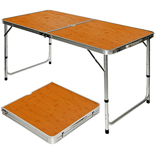 AMANKA klappbarer stabiler Campingtisch 120x60x70cm höhenverstellbar tragbar Kofferformat Aluminium Bambus