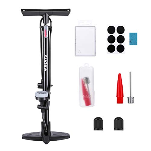 Audew Hochdruck Standpumpe Fahrradpumpe 230Psi Luftpumpe für Fahrrad und für Luftmatratze Autoventil Adapter Standluftpumpe Reversible Presta und Schrader inkl. Reparaturwerkzeuge und aufblasbarem Kit