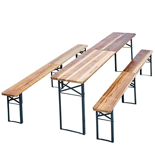 JOM Bierzeltgarnitur, 1 x Tisch/ 2 x Bänke, Maße: Tisch 220x50x76,5cm, Bank 220x25x46,5 cm, Material: Tannen Holz, Stahl Pulverbeschichtet, mit Klappfunktion
