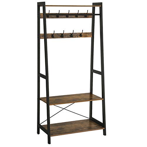 VASAGLE Vintage Garderobenständer, Kleiderständer, Kleiderablage mit 2 Regalebenen in Holzoptik, Garderobe, Flurgarderobe, 9 Kleiderhaken, Metallrahmen, rustikal LGR13BX
