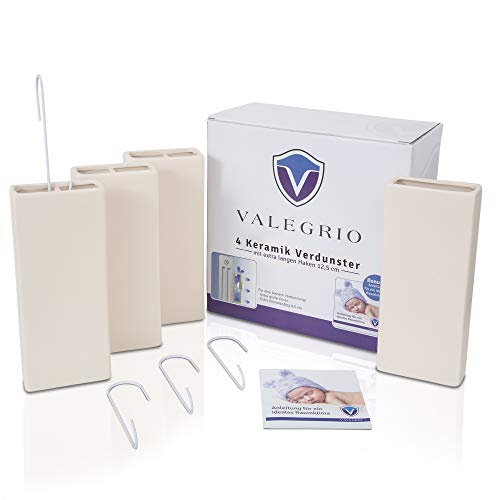 Valegrio Heizkörper Luftbefeuchter - [4er Pack] Keramik Luftbefeuchter zum Aufhängen an der Heizung - 480 ml Wasserverdunster mit extra langen Haken I Inkl. Anleitung für ein besseres Raumklima
