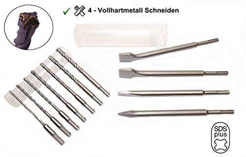 KSP-Tec | SDS-Plus Bohrer/Meißel-Set |11-teilig | Bohrer-Set mit 4 Vollhartmetall - Schneiden | Meißelset mit Flach-Spitz und Fließenmeißel | in praktischer Drehbox