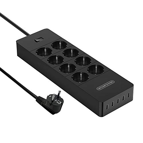 Mehrfachsteckdose, 8Fach Steckdosenadapter mit 5 USB, 1700Joule Überspannungsschutz, 4000W/16A, 1.5m Kupferkabel - Schwarz(MEHRWEG)