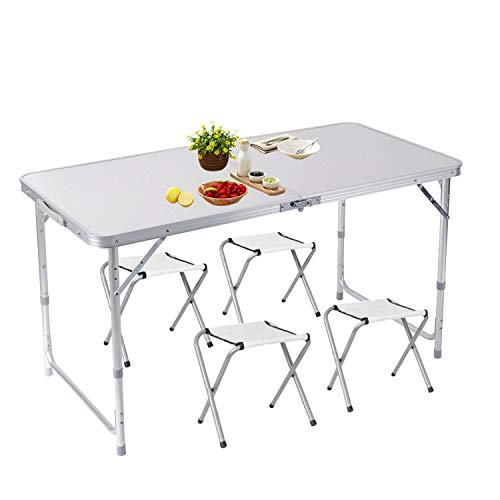 lillimasy 120cm Campingtisch Klapptisch Gartentisch Höhenverstellbar Tragbar Faltbar Picknicktisch Geeignet für Drinnen und Draußen - Mit 4 Stühle