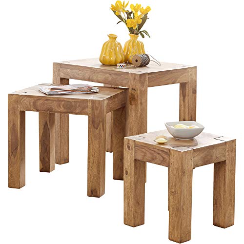 FineBuy 3er Set Satztisch Massiv-Holz Akazie Wohnzimmer-Tisch Landhaus-Stil Beistelltisch dunkel-braun Naturholz Couchtisch Natur-Produkt Wohnzimmermöbel Unikat Massivholzmöbel Echtholz Anstelltisch