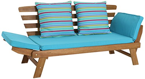 greemotion Multifunktionsbank Borkum akazie/blau, inklusive Kissen, als Sofa und Liege nutzbar, Gartenbank aus FSC Akazienholz, Holzbank mit leicht schräger Rückenlehne