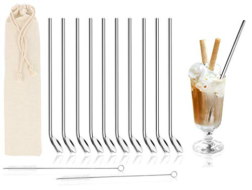 com-four 10x Trinkhalmlöffel mit Reinigungsbürste - Strohhalmlöffel aus Edelstahl - Trinkhalm mit Rührlöffel - Wiederverwendbar (Edelstahl Barlöffel - 10 Stück)