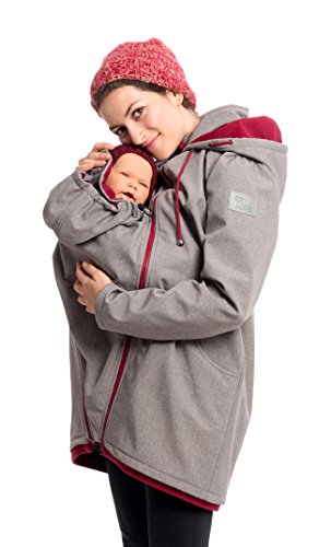 Viva la Mama Softshell 3in1 Umstandsjacke Tragejacke Softshelljacke Damen Winter regendicht Winddicht Outdoorjacke Tragemantel Umstandsmode - MELLORY grau Bordeaux - M