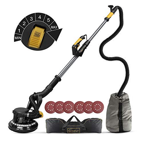 Trockenbauschleifer, Ginour Deckenschleifer 750W mit automatischem Staubsammelsystem, LED-Licht, 6 Einstellbare Geschwendigkeiten (Deckenschleifer)