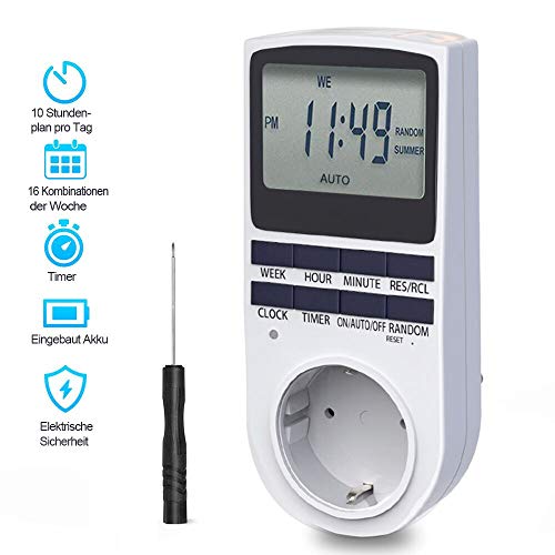 Digitale Zeitschaltuhr, BMK Digitale Elektrische Zeitschaltuhr Steckdos Großer LCD-Display und 10 x Programmierbaren Programme und Random Diebstahlsicherung (1er Set)