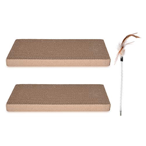 Navaris Katzen Kratzbrett Ersatz Set - 2X XXL Kratz Pappe mit 1x Feder Spielzeug - Kratzmatte aus Karton groß und Katzenspielzeug - 40 x 23 x 3 cm