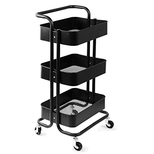 D4P Display4top Metal Rollwagen, 3-Etagen Rollwagen Allzweckwagen Metall mit Körben Küchenwagen für Küche, für Bad (Schwarz)