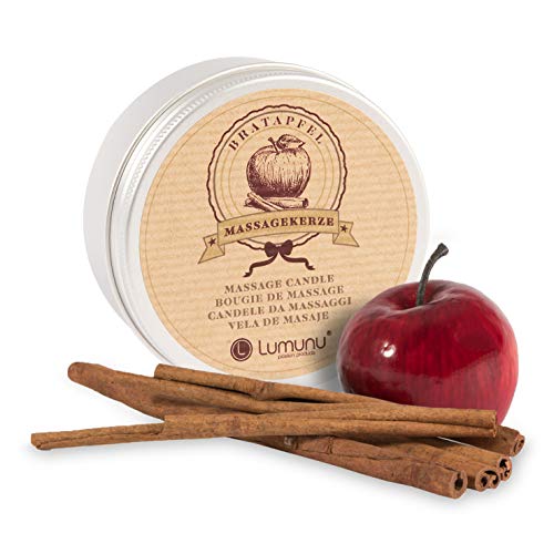 Deluxe Erotik Massagekerze mit Bratapfel Aroma (100g), pflegendes Massagewachs aus natürlichen Ölen mit weihnachtlichem Bratapfel-Zimt-Duft in edler Dose, für Körper-Massagen & Paar-Massagen
