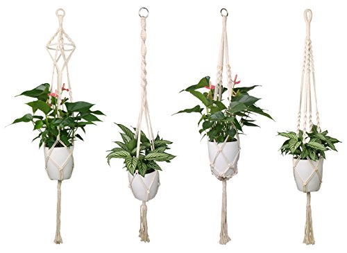 Luxbon 4er Set Makramee Blumenampel Baumwollseil Hängeampel Blumentopf Pflanzen Halter Aufhänger für Innen Außen Decken Balkone Wanddekoration - 41 Zoll, 4 Beine