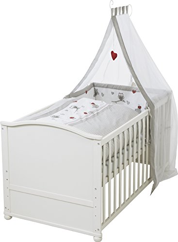 roba 0391W3V148 Komplettbett Set 'Adam und Eule', Babybett weiß inkl. Bettwäsche, Himmel, Nest, Matratze, Kombi Kinderbett 70 x 140 cm umbaubar zum Junior Bett