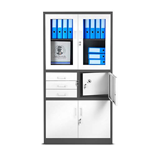 Aktenschrank C018S Büroschrank Metallschrank Tresor Safe Geheimfach Flügeltüren Schubladen Pulverbeschichtung Stahlblech 185 cm x 90 cm x 40 cm (H x B x T) (anthrazit/anthrazit)