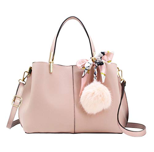 CRAZYCHIC - Damen Handtasche Pelz Kugel Schlüsselring Schal - Kleine Top Griff Henkeltasche - PU Leder Schultertasche Umhängetasche - Frauen Elegante Viele Fächer Tote Shopper Tasche - Rosa