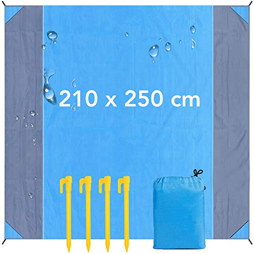 Picknickdecke 250 x 210 cm, Outdoor Wasserdichte Sandabweisende Stranddecke, mit 4 Pfähle Tragbar Ultraleicht Kompakt Schnell Trocken Campingdecke Ideal für Picknick, Strand, Wandern und Camping