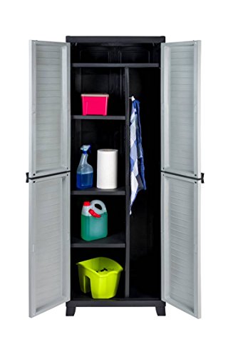 Kunststoff Spindschrank, Besenschrank mit Freifach für sperrige Gegenstände und abschließbaren Türen. Maße BxTxH in cm: 65 x 45 x 181 cm.