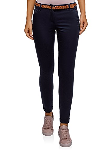 oodji Ultra Damen Chinohose mit Gürtel, Blau, DE 36 / EU 38 / S