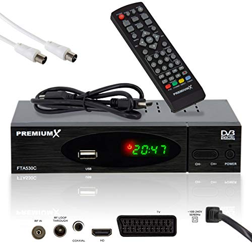 PremiumX FTA 530C Full HD Digitaler DVB-C / C2 TV Kabel-Receiver | Auto Installation USB Mediaplayer SCART HDMI Antennenkabel WLAN optional | Für digitales Kabelfernsehen