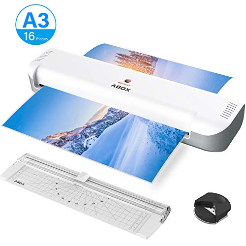 A3 A4 Laminiergerät OL341 ABOX 3 in 1 ABOX 2 Rollen Laminator mit Schneidemaschine und Eckenrunder inkl. 16 Laminierfolien(A7 bis A3) Kurze Aufwärmzeit für Büro, Hause und Schule-Weiß und Grau