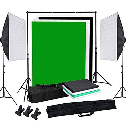 OUBO Profi Fotostudio Set Tageslichtlampe Studiosets Greenscreen Set Fotoleinwand Hintergrund inkl. 50 * 70cm Dauerlicht Softbox 4X Hintergrundstoff(Schwarz, weiß*2, grün) Schutztasche
