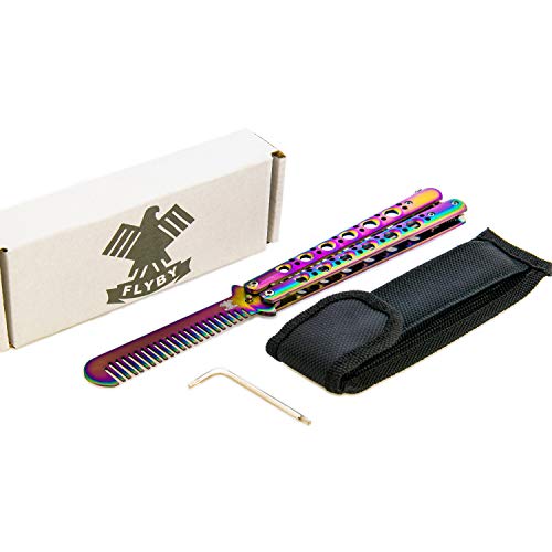 FLYBY Legaler Butterfly Balisong Trainer Kamm Regenbogen Edelstahl einzigartiges Komplet Set Gürteltasche Schraubendreher
