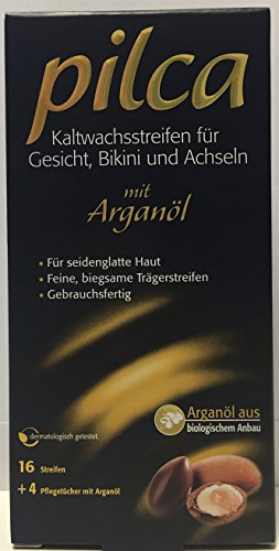 pilca - 16 Kaltwachsstreifen für Gesicht, Bikini und Achseln + 4 Pflegetücher mit Arganöl
