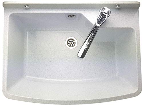 GOSPO Ausgussbecken mit stehende Armatur, Waschbecken 61 cm x 44 cm x 23,5 cm, Waschtrog mit Überlauf und Siphon, Spülbecken inkl. Zubehör, Waschraum (Weiß)