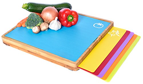 Sandford CUT Bambus Holz Schneidbrett | Schneidebrett Set mit 6 Schneidematten / flexible Kunststoff Matten | Lebensmittel wie Fisch / Gemüse / Geflügel separat schneiden | hygienisches Küchenbrett
