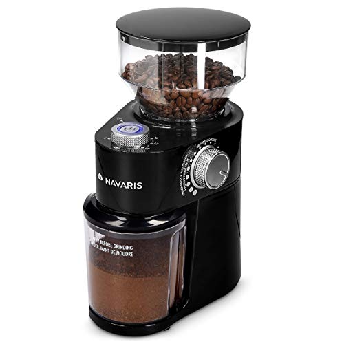 Navaris Elektrische Kaffeemühle mit Edelstahl Scheibenmahlwerk - 200W - für bis zu 14 Tassen Kaffee - 18 Mahlgrade - Kaffee Mühle Schwarz