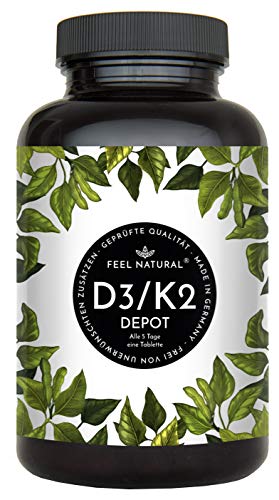 Vitamin D3 + K2 Tabletten. 180 Stück. Hochdosiert mit 5.000 IE Vitamin D3 und 200 µg Vitamin K2 pro 5-Tagesdosis. K2 MK-7 aus Natto 99% All Trans. Ohne Zusätze. Hergestellt in Deutschland