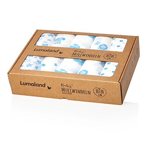 Lumaland Baby Mullwindeln Spucktücher 10er Set ca. 80 x 80 cm 100% Baumwolle weich schadstofffrei blaue Motive