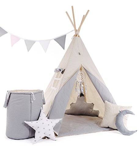 Kinder Spielzelt Teepee Tipi Set für Kinder drinnen draußen Spielzeug Zelt Indianer Indianertipi mit Fenster usw. Tipi ohne Zubehör (grauer Wolf)