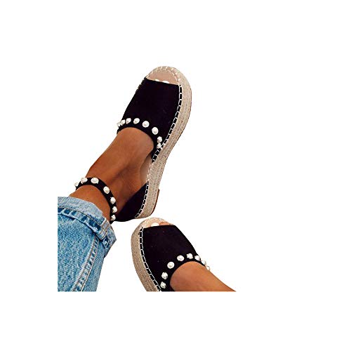 Damen Espadrilles Sandalen mit Leoparden Print, Plateausohle Strandsandalen Schnalle Sommer Bequeme Elegante Sandaletten Celucke (Schwarz, EU38)