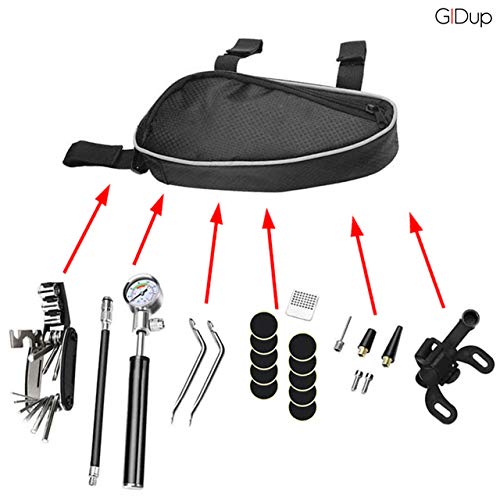 GIDup Fahrrad Reparatur Set - Fahrrad Werkzeug Set mit Fahrrad Flickzeug - 16 in 1 Fahrrad Multitool - robuste Fahrrad Satteltasche mit hochwertiger Luftpumpe aus Aluminium im Fahrrad-Werkzeug Set