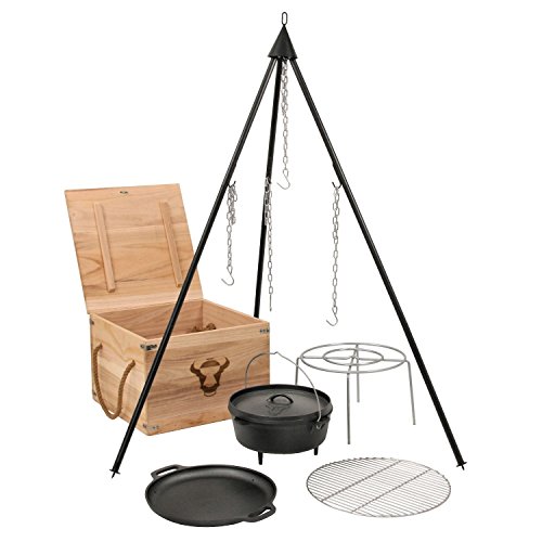 BBQ-TORO 6-teiliges Dutch Oven Kit in Holzkiste, Gusseisen, eingebrannt, Topf, Pfanne, Grillrost, Dreibein und mehr