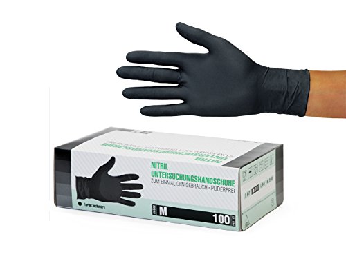 Nitrilhandschuhe 100 Stück Box (M, Schwarz) Einweghandschuhe, Einmalhandschuhe, Untersuchungshandschuhe, Nitril Handschuhe, puderfrei, ohne Latex, unsteril, latexfrei, disposible gloves, black, Medium