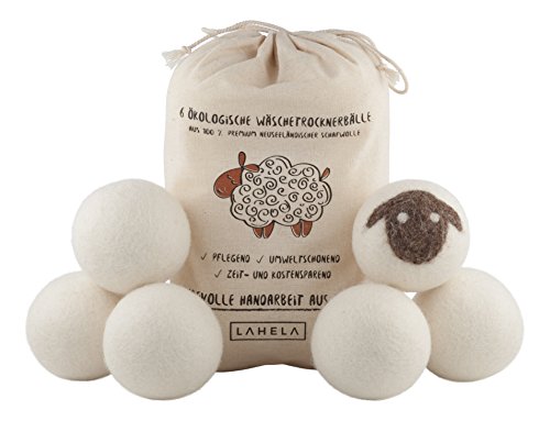 LAHELA Trocknerbälle 6er Pack - Ideal als natürliche Alternative für Weichspüler. Aus 100% neuseeländischer Premium-Schafwolle. Pflegend, umweltschonend, zeit- und kostensparend. Wäschetrockner Bälle Trocknerkugeln für Wäschetrockner. Handarbeit aus Nepal.
