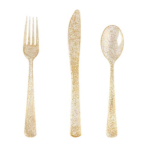 Amycute 75 teiliges Einweg Plastik Besteck Set Einweg Gabel, Messer, Löffel aus Plastik mit Rose Gold Oberfläche,Groß für Partys, Geburtstage, BBQs, Picknicks.