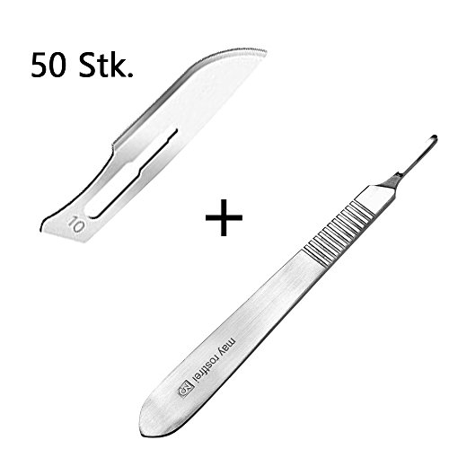 Set - 50 Stück Skalpellklingen Figur 10 aus Karbonstahl - Ersatzklingen einzeln steril verpackt + 1 x May - Skalpell-Halter - Edelstahl