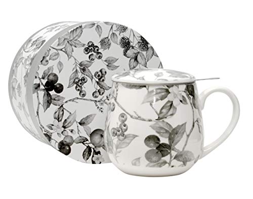 Duo Tee-Tasse Teebecher Set mit Teesieb Edelstahl und Deckel Porzellan Teetasse bauchig mit Sieb Geschenk-Tasse Blumen Cup with Tea Infuser 400 ml 3teilig in Geschenkbox Becher Kräuter-Teetasse