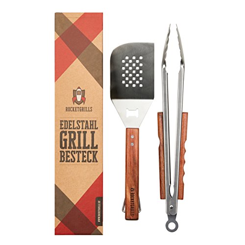 Hochwertiges Grillbesteck Set von Rocketgrills - extra große Grillzange - edler Wender