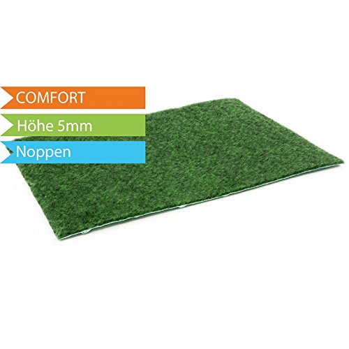Rasenteppich Kunstrasen Comfort m. Noppen - 2,00m x 3,00m | der Standard Vlies-Kunstrasen mit Drainagenoppen | Gesamthöhe ca 5mm | Gewicht 1.150g/m² | mit Drainagenoppen und Wasserdurchlässig 30 Liter/Min/m² | Pflegeleicht & Strapazierfähig & weiche Vlies-Oberfläche | Kunstrasenteppich