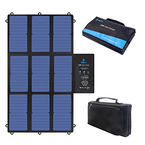 BigBlue 63W 19V Faltbares Solar Ladegerät Tragbar SunPower Solarpanel mit Dual 5V USB+19V DC- Ausgang+ USB-C-Port - für Laptop, Powerstation, iPhone, Acer, Asus, Dell, HP, 12-V-Batterie für Boote/RV