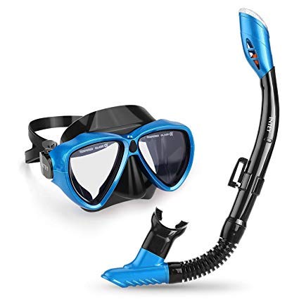 INTEY Schnorchelset Schnorchelmaske mit Anti-Fog Taucherbrille und Dry Schnorchel inkl. Ausblasventil und Anti-Fog Tachermaske aus Gehärtetem Glas für Erwachsene und Kinder