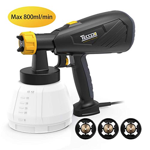 Farbsprühsystem, TECCPO 500W Farbspritzpistole elektrisch, Einstellbare Sprühfluss bis 800 ml/min, 1300ml Behälter und 3 Metalldüsen, 3 Sprühmuster, 100 DIN-s - TAPS02P
