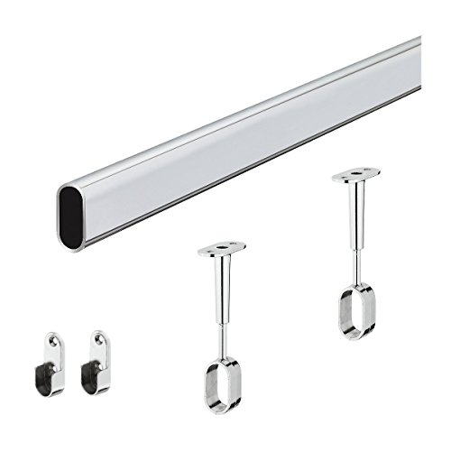 Schrankstange Oval Kleiderstange 1500 mm inkl. 2 Stk. Seitenwand-Schrankrohrlager Wand-Montage & Mittelträger für Decken-Montage | Stahl verchromt | Schrankrohr 30 x 15 mm | 1 Garderobenstangen-Set